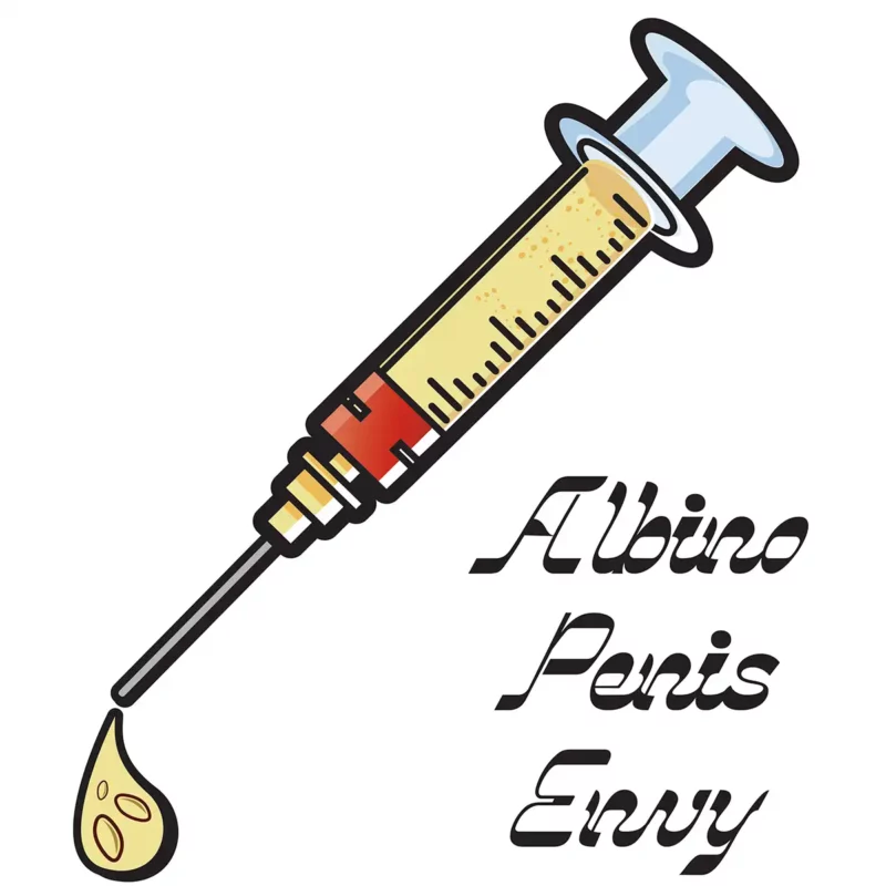 yellow spore syringe with black font Albino Penis Envy text