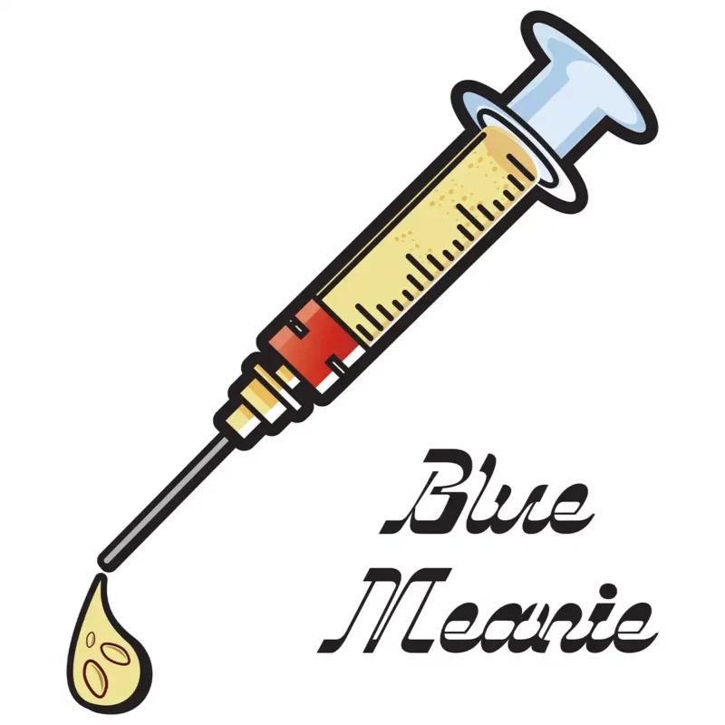 yellow spore syringe with black font Blue Meanie text