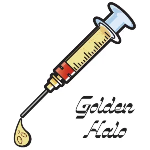 golden halo spore syringe with black font reading Golden Halo text