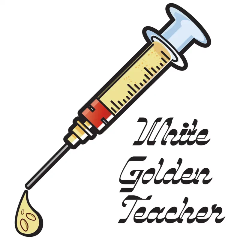 yellow spore syringe with black font white golden teacher text
