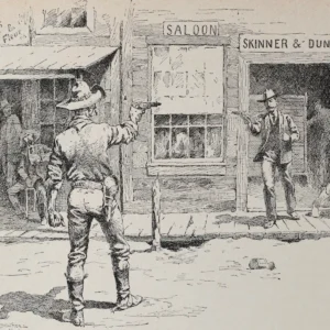 An old illustration of a cowboy standoff