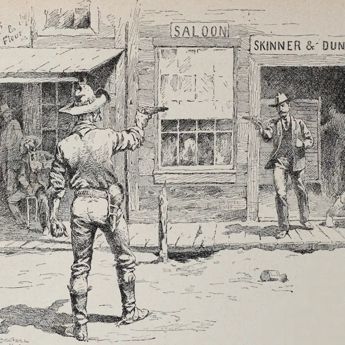 An old illustration of a cowboy standoff